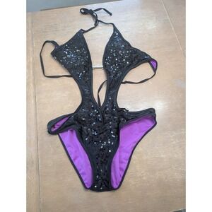 COOGI Womens One Piece Swimsuit Black Purple Sequins Cutout Halter XL